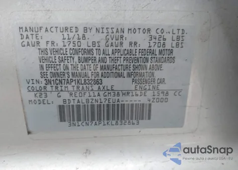 2019 Nissan Versa 1.6 Sv from USA, damaged, VIN 3N1CN7AP1KL832863
